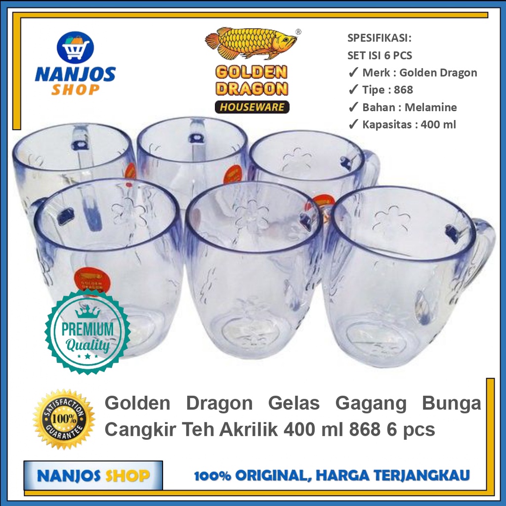 Golden Dragon Gelas Gagang Bunga Cangkir Teh Akrilik 400 ml 868 6 pcs