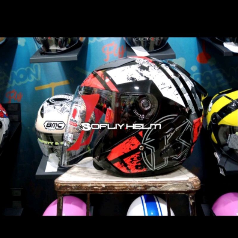 HELM KYT GALAXY FLAT R SERI 5 BLACK RED FLUO HALF FACE DOUBLE VISOR MERAH HITAM PUTIH