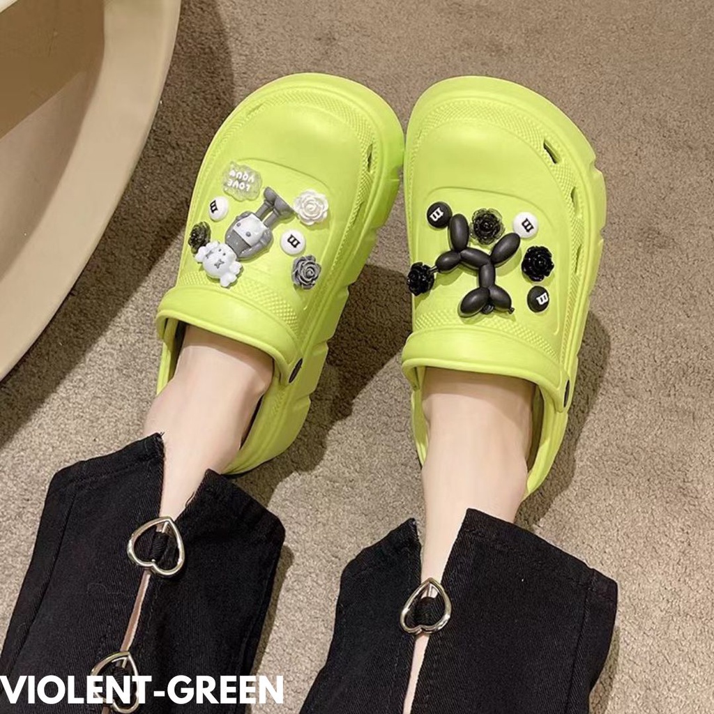 SANDAL WANITA SLINGBACK FREE JIBBITZ WARNA HIJAU NEON PALING TREND BAHAN RUBBER IMPORT VIOLENT