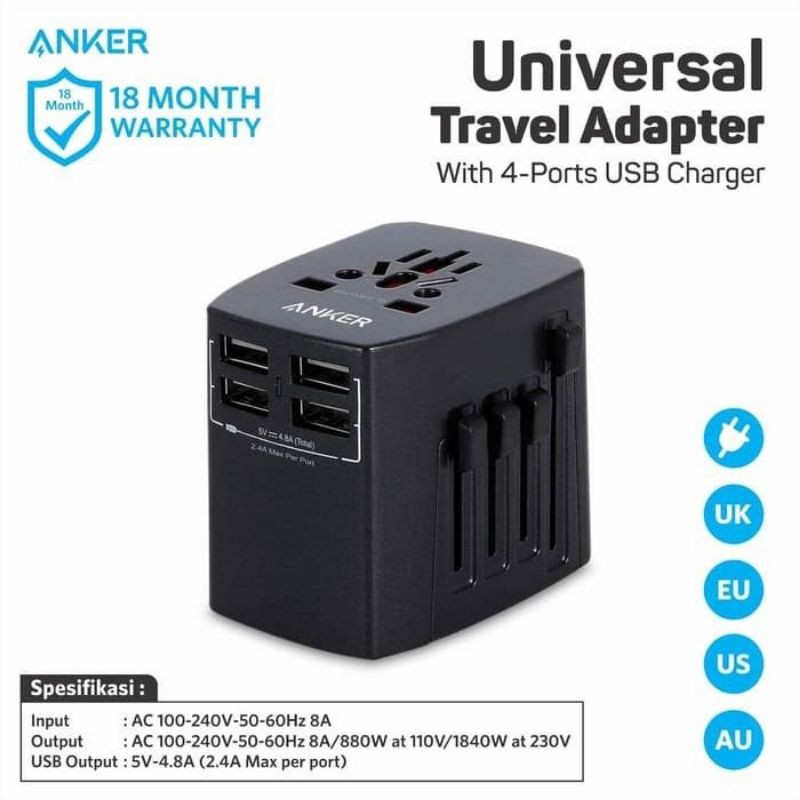 Anker Universal Travel Adapter with 4 Port USB Charger A2730 Original