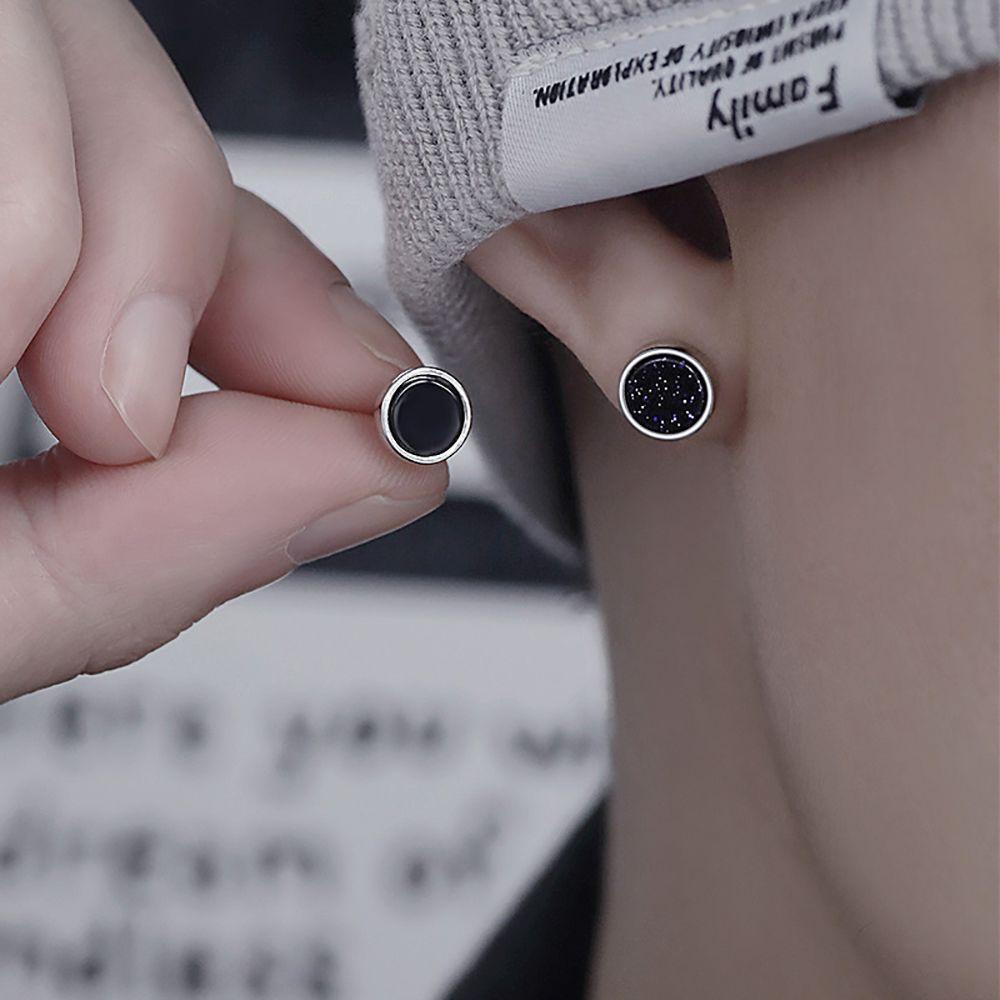 Mxbeauty Anting Tusuk Batu Akik Hitam Kepribadian Trendi Batu Pasir Ungu Halus Alloy Hip Hop Earrings Untuk Pria