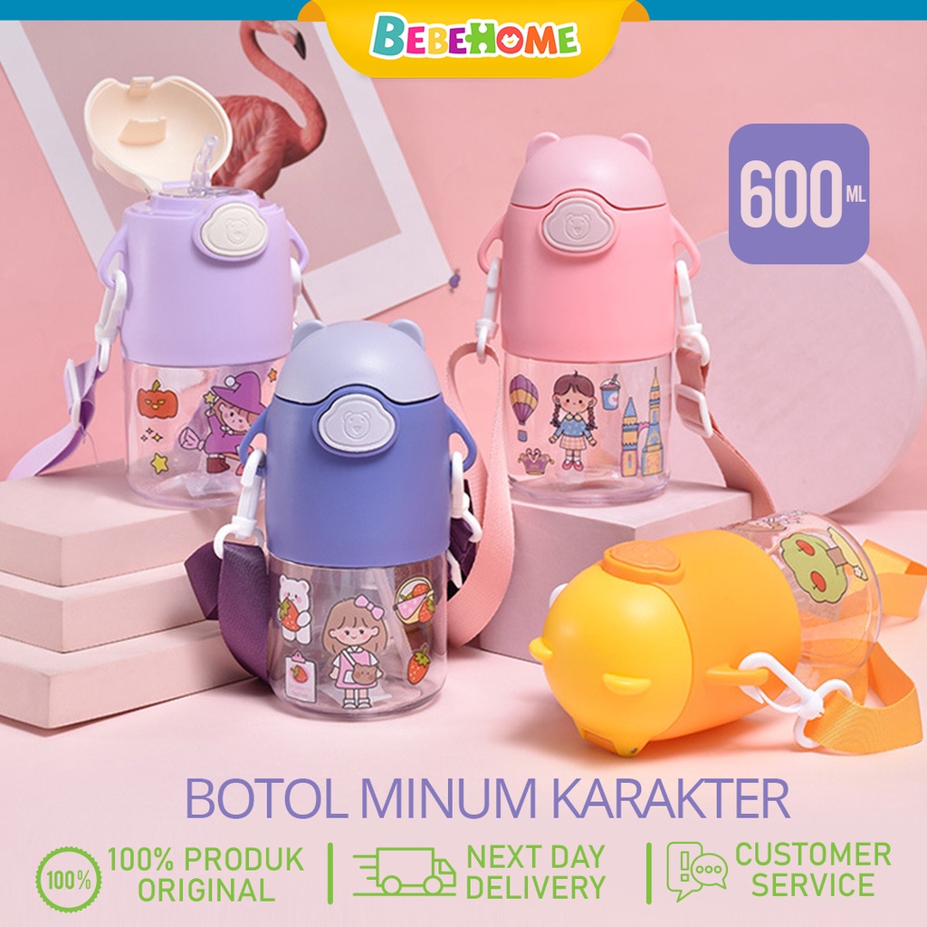 Botol Bebehome Sedotan Free Stiker Kaca Beruang 600ML BPA FREE Premium Kekinian Multifungsi Gratis O