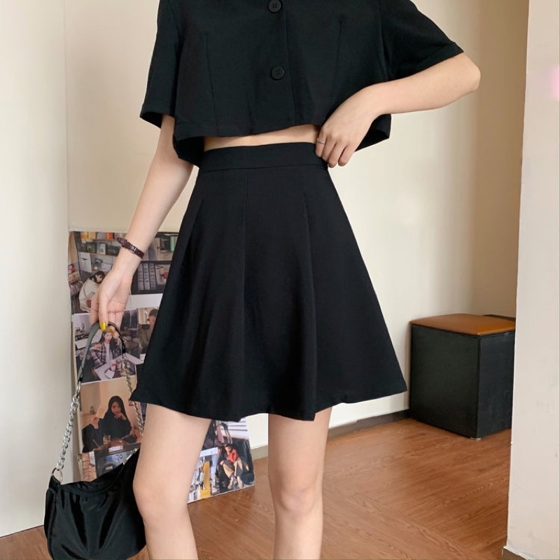 BKY - Korean Set Crop Shirt A Line Skirt Hangout Outfit - Lily