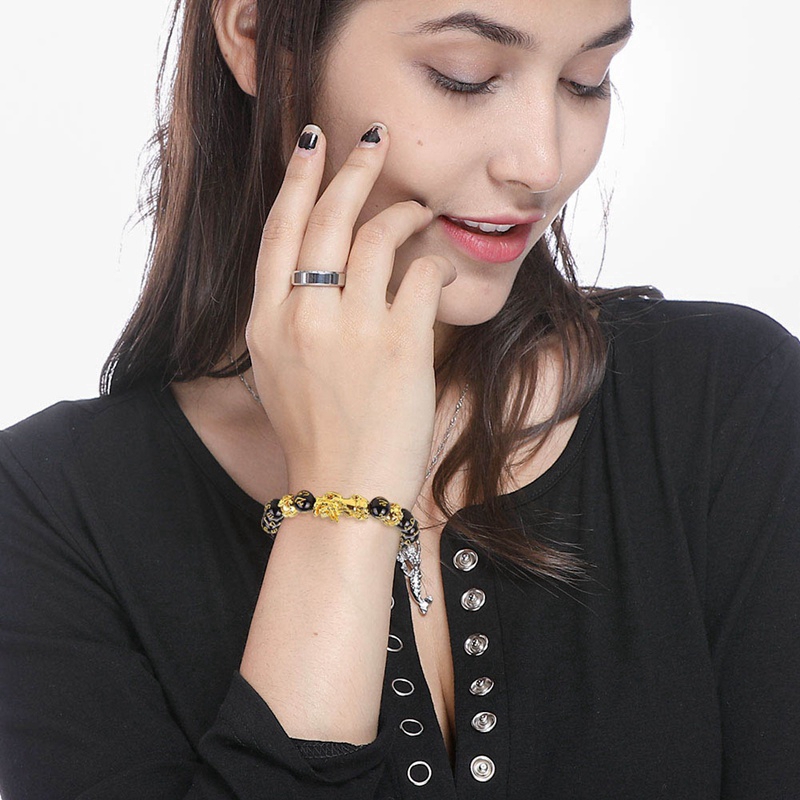 Gelang Feng Shui Warna Hitam Obsidian Pi Xiu Bahan Alloy Ukuran 10/12mm