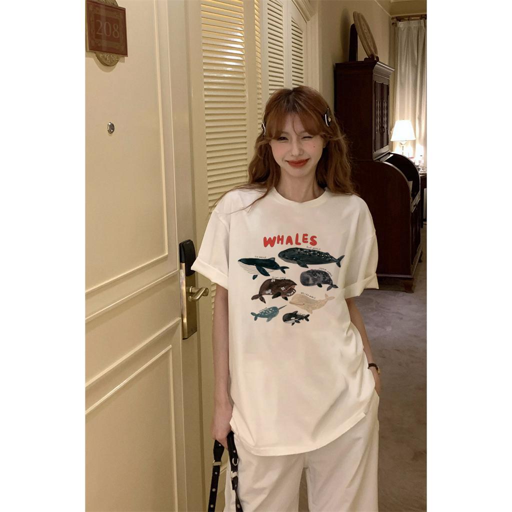 EUNII T-shirt Lengan Pendek Cartoon Fish Korean Style/Kaos Atasan Wanita/Baju Kaus Oversize Wanita/Kaos Wanita