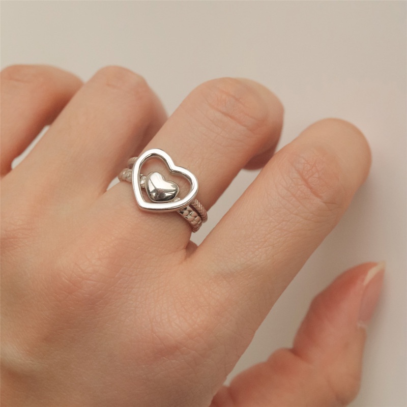 2pcs / Set Cincin Model Terbuka Desain Hati Warna Silver Gaya Elegan Untuk Wanita