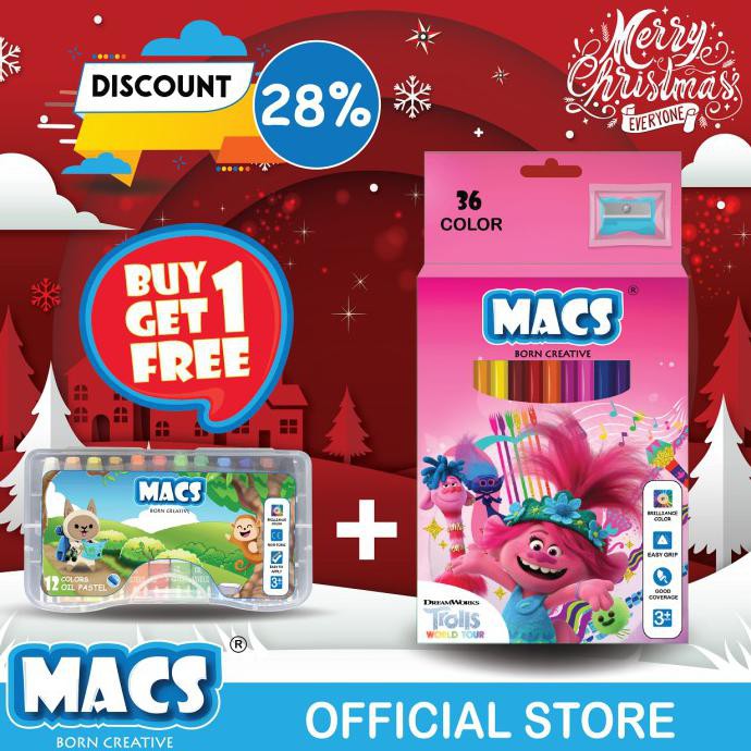 

Holiday bundle 36 Trolls color pensil+12 warna oil pastel crayon MACS