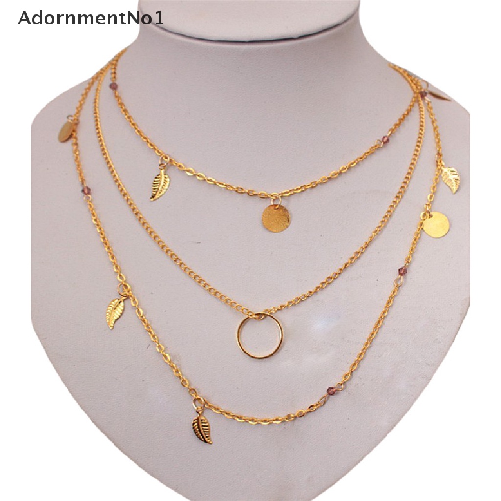 (AdornmentNo1) Kalung Rantai Multilayer Gaya Bohemian Motif Daun Aksen Kristal Untuk Perhiasan Wanita