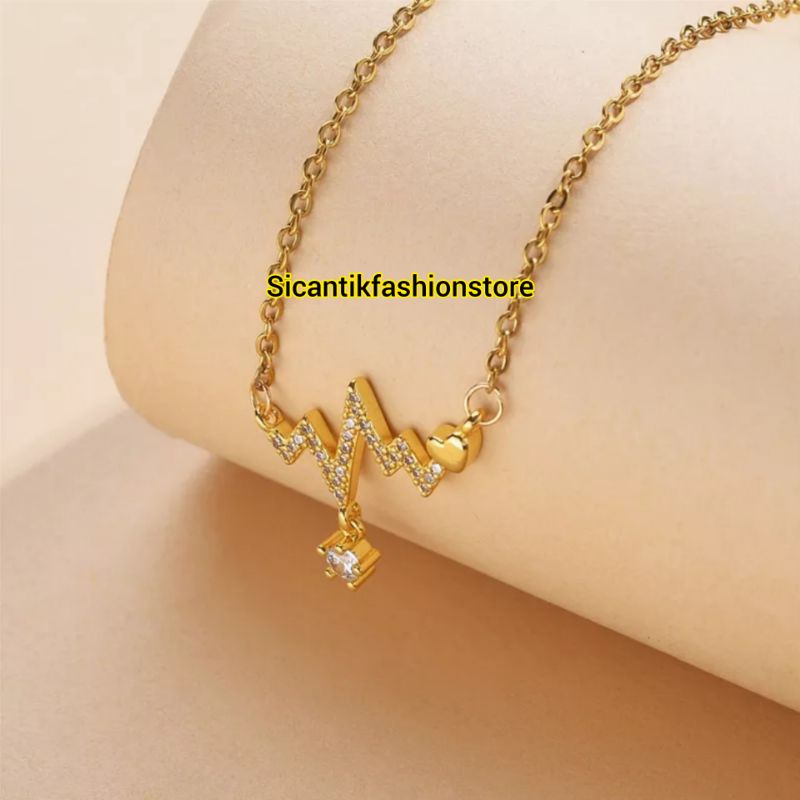 Kalung Titanium Gold Terbaru Terlaris Fashion Wanita Anti Karat Selamanya Kalung Titanium Wanita Liontin Gold Detak jantung  Perhiasan Wanita Kalung Wanita Anti Karat Liontin Gold Kalung Titanium Liontin Gold Terbaru