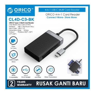 Usb Type-c 3.0 card reader orico Ms cf sd micro sd tf memory card 4in1 5Gbps read single CL4D-C3 - Pembaca kartu memori