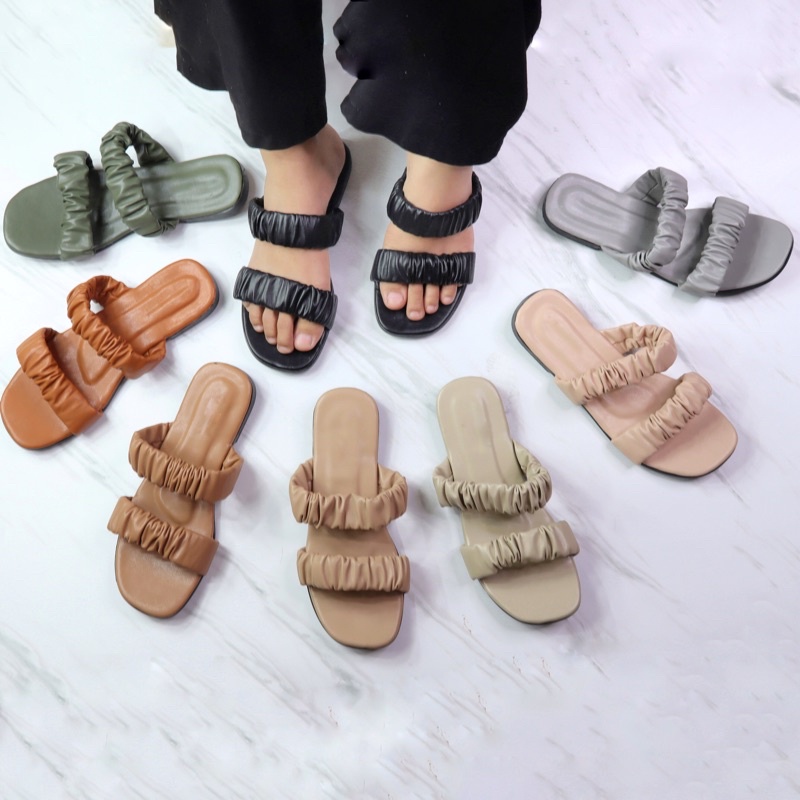 (CHELIN - AT36) SANDAL TEPLEK WANITA TALI KERUT 2 BAN/SANDAL FASHION WANITA HAK 1cm