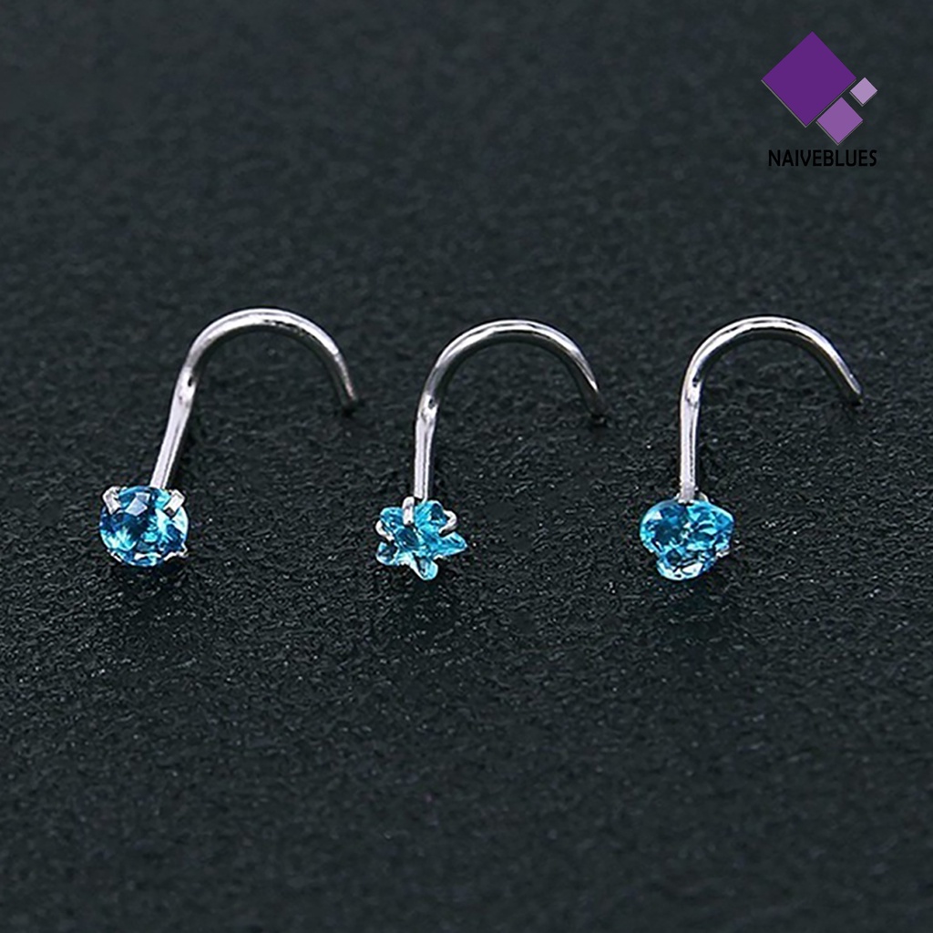 Naiveblue 3Pcs Cincin Tindik Hidung Bahan Baja Bentuk Bintang / Hati Hias Cubic Zircon