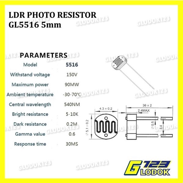 LDR GL5516 5mm Photoresistor Light Dependent Resistor Sensor Cahaya