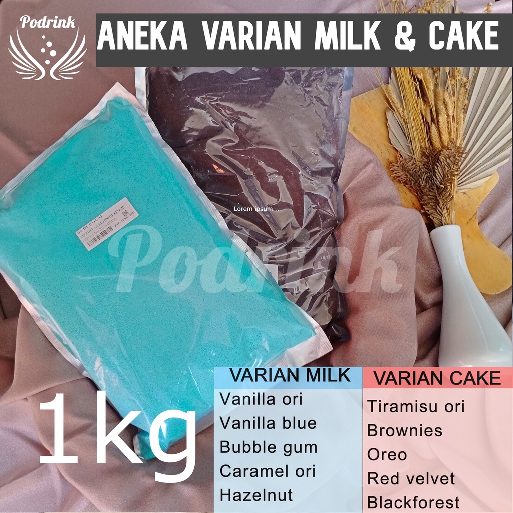

Bubuk Minuman 1kg Murah Varian Milk dan Cake Untuk Boba, Esblend, Jellydrink dsb (mix gula)