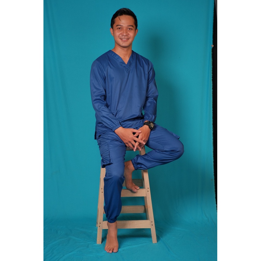 Baju Ok Oka Jogger Cargo | Baju Jaga Dokter Scrub Medis Perawat Lengan Panjang Karet | Bahan Toyobo