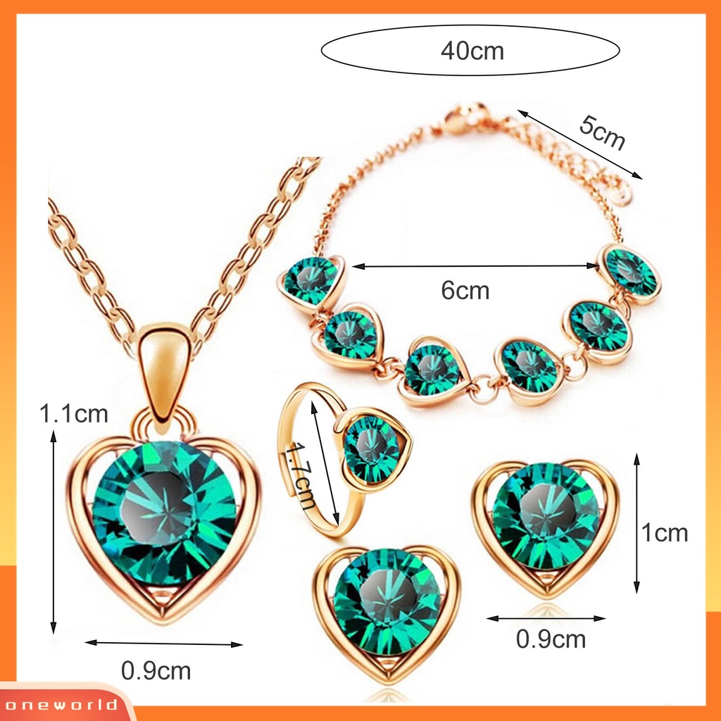 4pcs / Set Perhiasan Kalung Anting Gelang Cincin Liontin Hati Berlian Imitasi Berkilau Dapat Disesuaikan Untuk Wanita