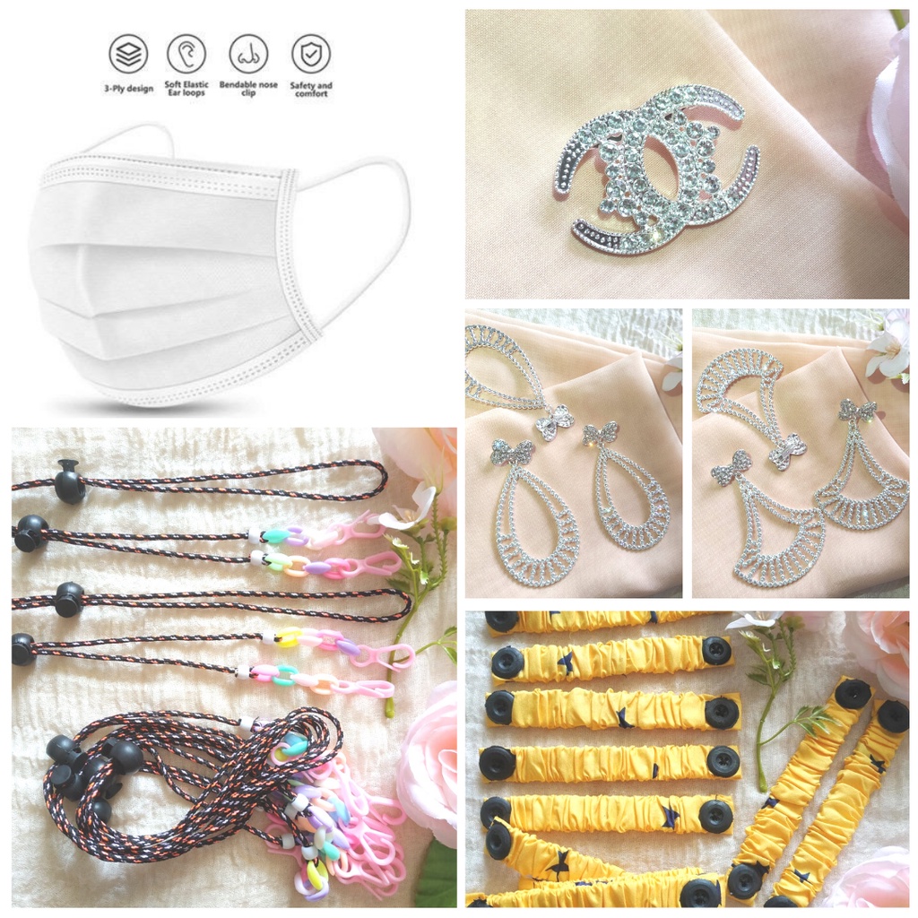 Konektor Tali Masker Hijab 2in1 dan Masker 3ply Earloop 50pcs dan BROS CHANEL BERLIAN AIRDROP SWAROV