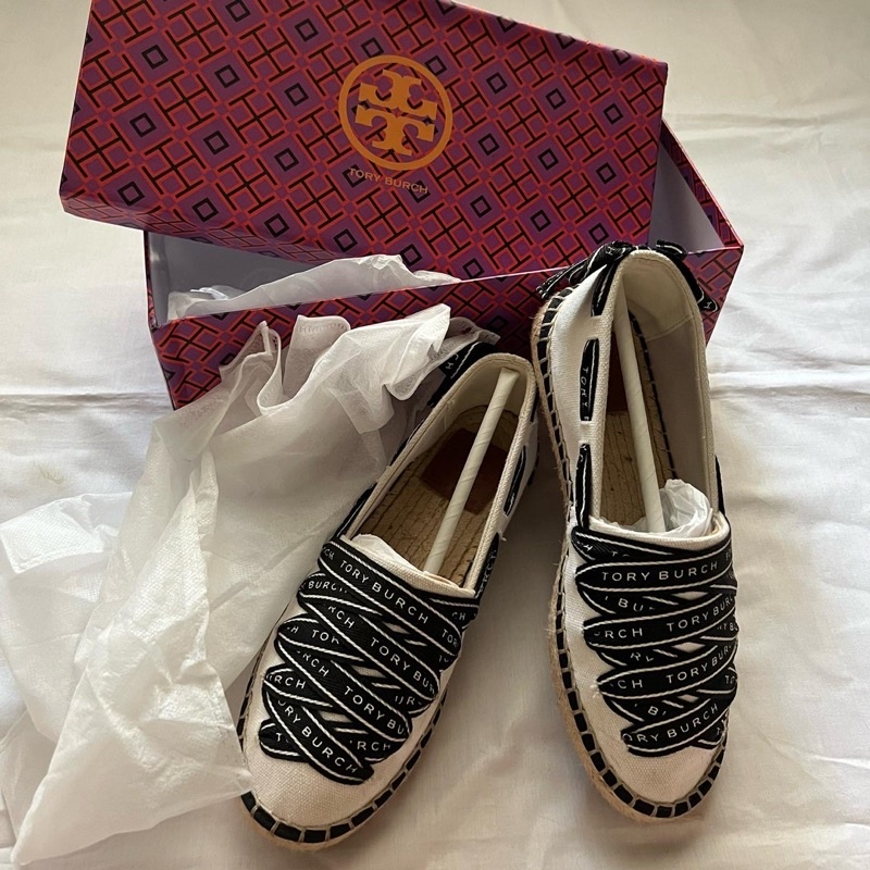 TORY BURCH White-Navy Espadrille Grosgrain Ribbon Flat Shoes [PRELOVED] ORI