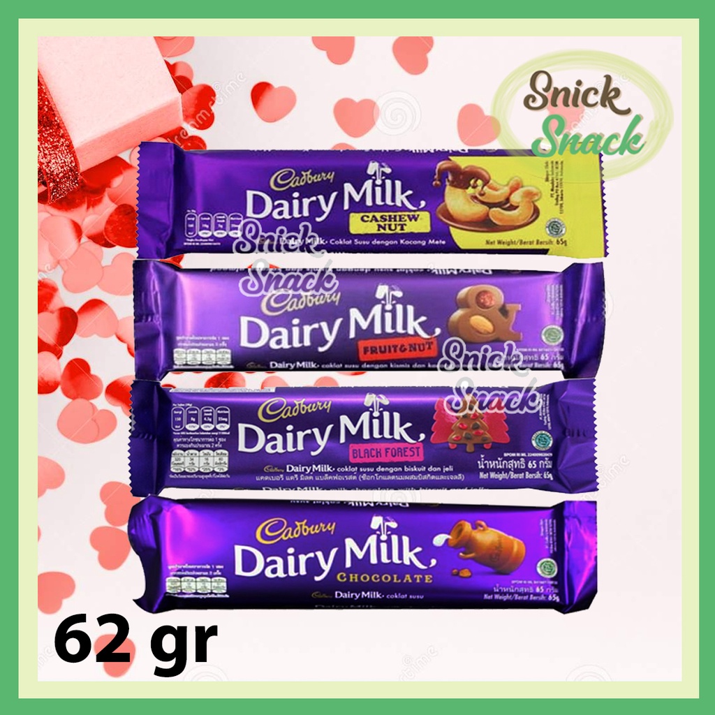 

Cadbury Dairy Milk Coklat 62 gr Cashew Fruit n Nut Blackforest Jelly Chocolate Bar 30gr