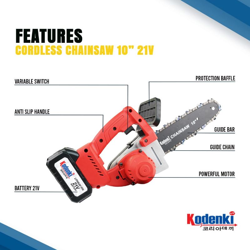 Kodenki Mesin Gergaji Kayu Pohon Chainsaw Cordless Baterai 10 inch 21 volt