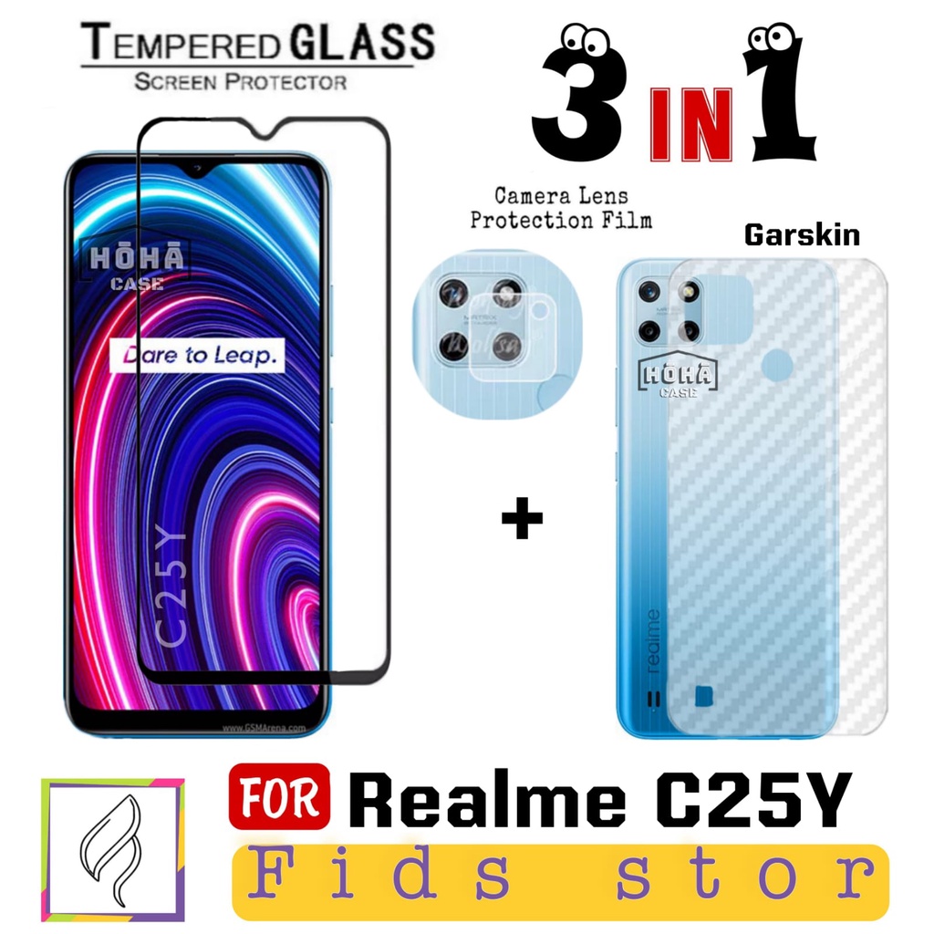 PROMO 3in1 REALME C25Y Tempered Glass Free Anti Gores CAMERA &amp; GARSKIN Carbon