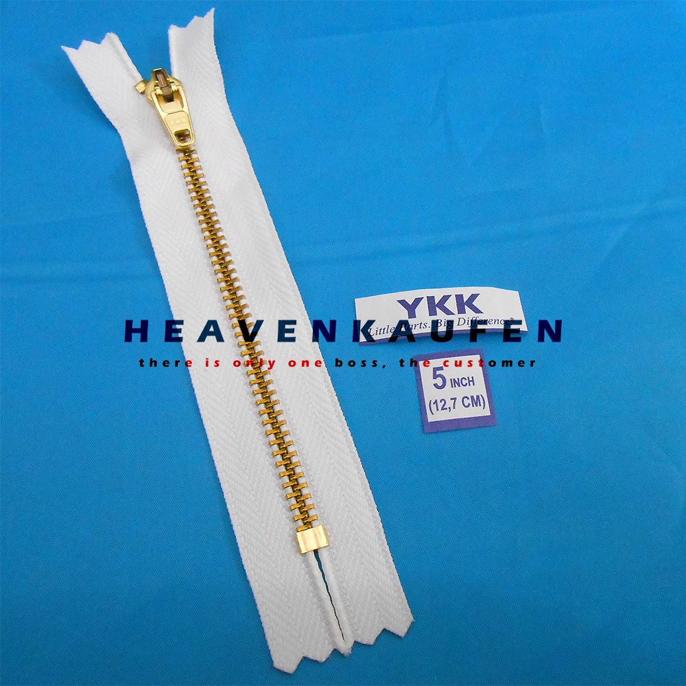 Resleting Zipper Jeans Besi YKK 5 inch / 12,7 cm Putih - Gold Emas