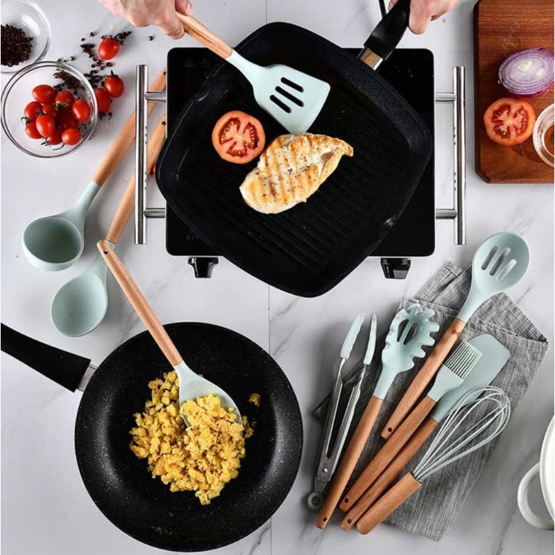 12pcs Spatula Set Alat Masak Dapur Sutil Pegangan Kayu Kitchen Utensil Silikon Non Stick