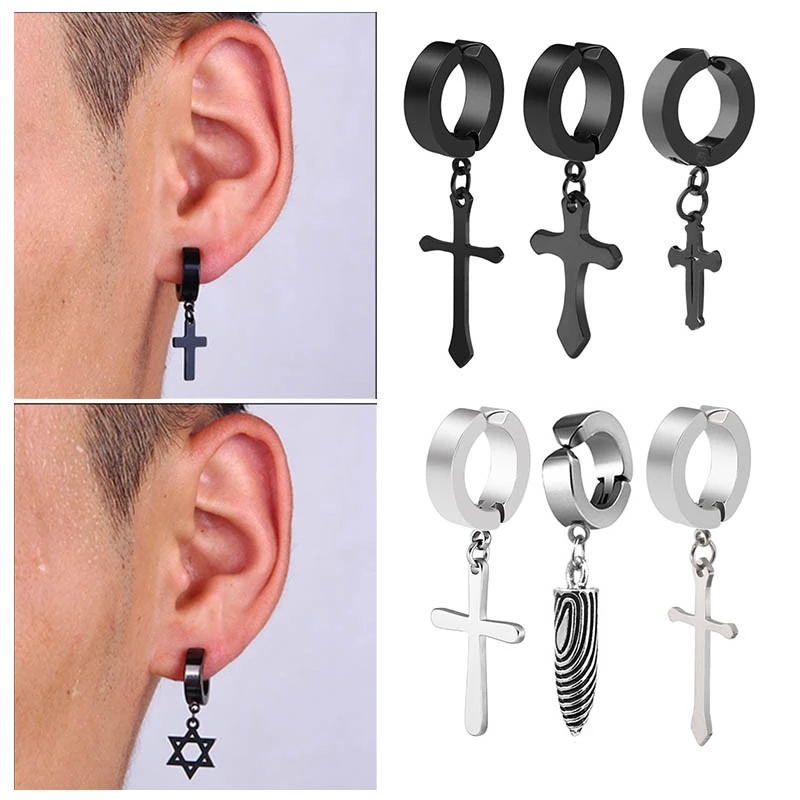 Anting Klip Tanpa Tindik Bahan Titanium Steel Bentuk Bintang Gaya Punk Rock Untuk Pria