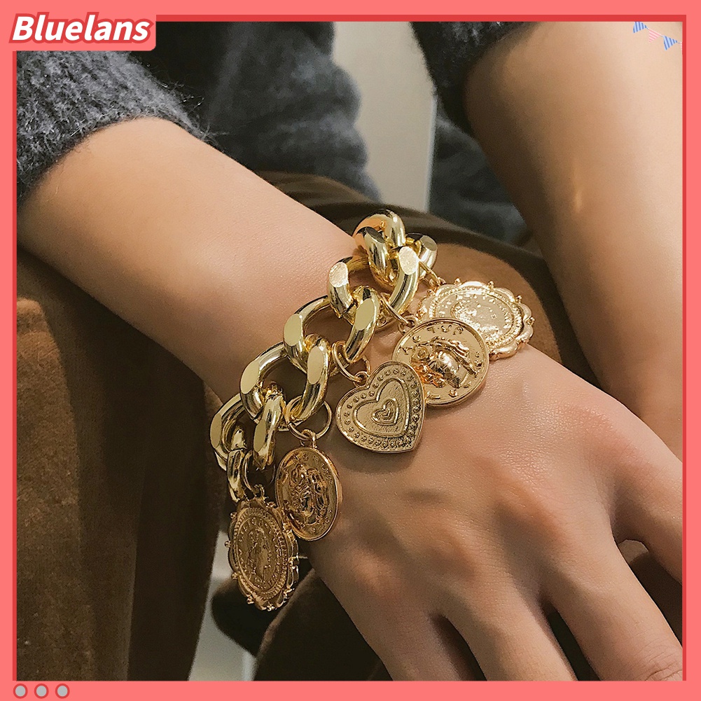 Gelang Rantai Liontin Koin Hati Menjuntai Gaya Hip-Hop Untuk Wanita