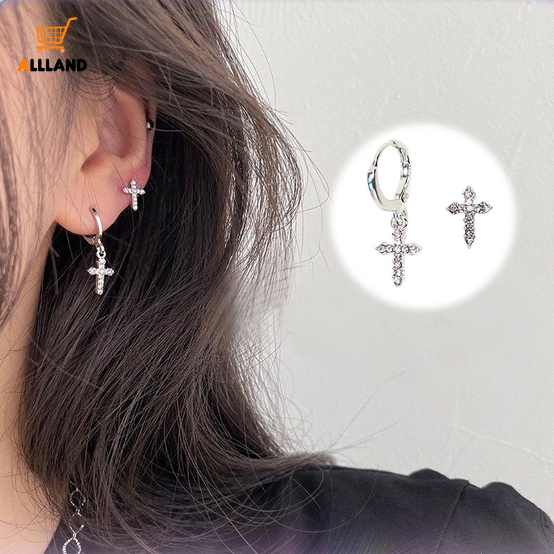 Anting Stud Kristal Zircon Bentuk Salib Menjuntai Gaya Hip Hop Korea Minimalis Untuk Wanita