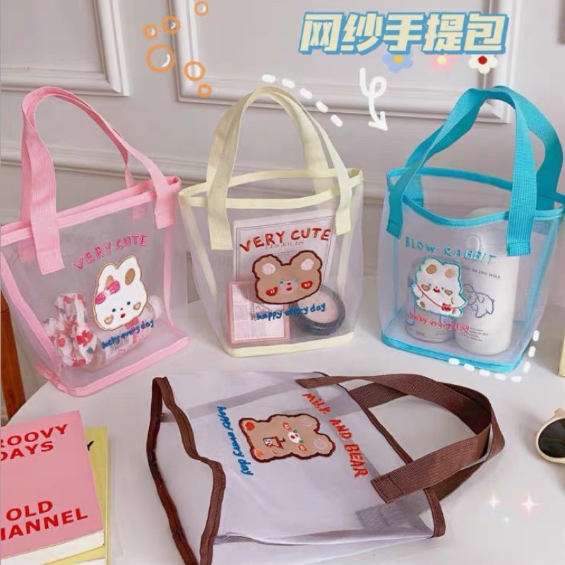 TOTEBAG MIKA WANITA PRIA REMAJA TRANSPARANT KOREA STYLE LUCU MOTIF BERUANG / TOTEBAG TAS PIKNIK MAKANAN MINUMAN AESTHETIC / TOTEBAG TRANSPARANT MOTIF CUTE BEAR