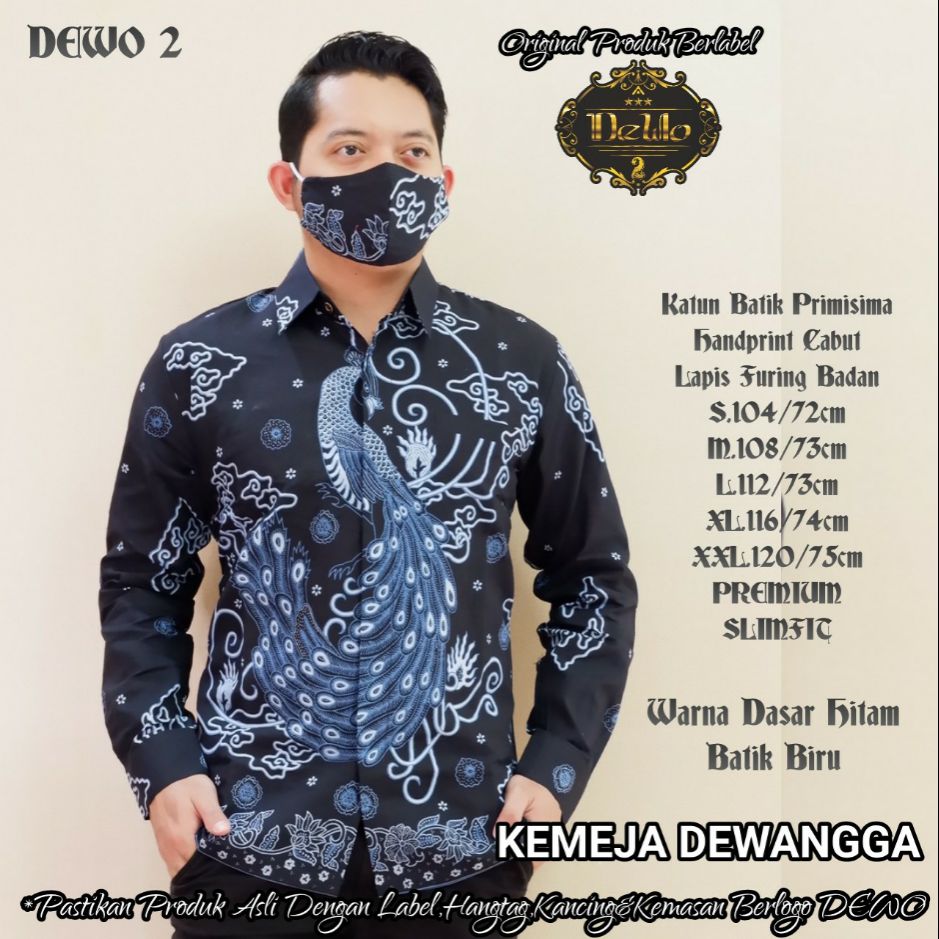 Kemeja Batik Pria Terbaru Motif Burung Merak Batik Pria Lengan Panjang Warna Hitam Biru DEWANGGA