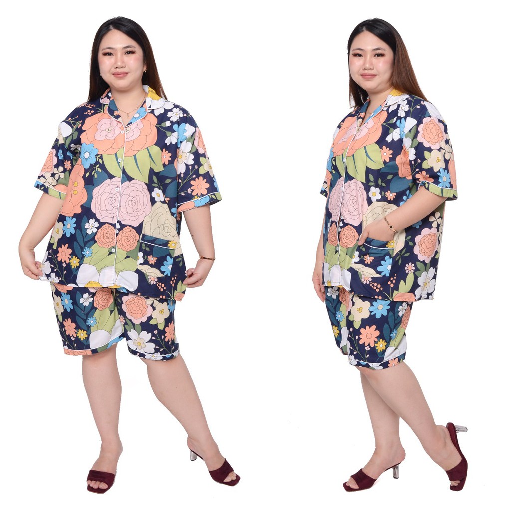 PIYAMA JUMBO CELANA PENDEK WANITA LD 130 120 SET BAJU TIDUR CEWEK DEWASA SETELAN KATUN KARAKTER-MAWAR NEVI