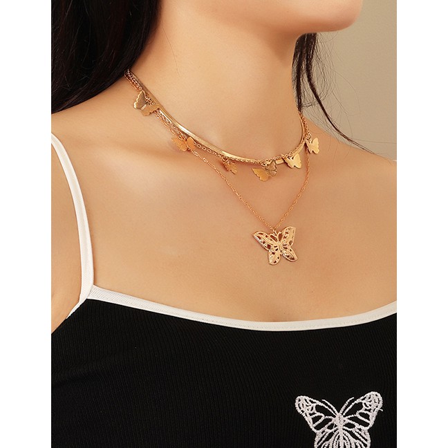 LRC Kalung Fashion Golden Hollow Butterfly Alloy Multi-layer Necklace K41593