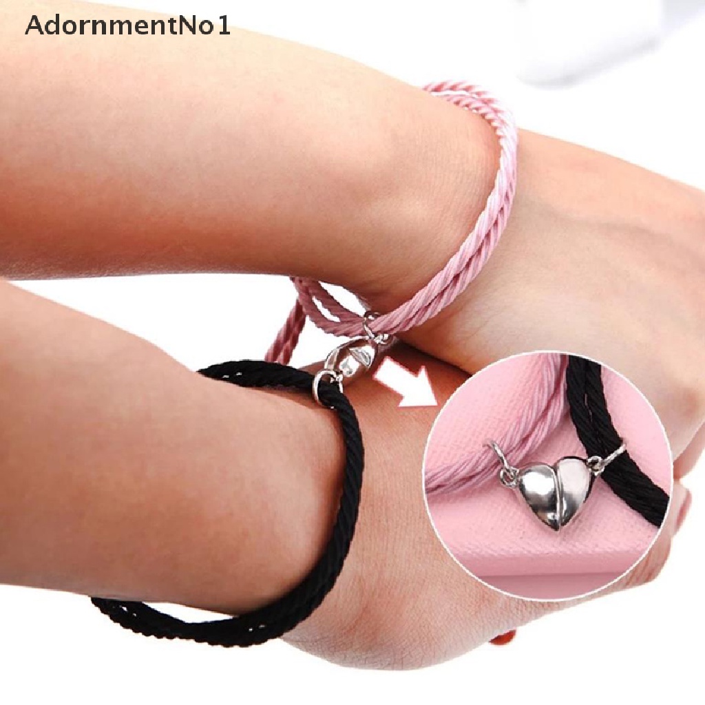 (AdornmentNo1) 2pcs / Set Gelang Tangan Tali Kepang Aksen Hati + Magnet Untuk Pasangan / Pria / Wanita