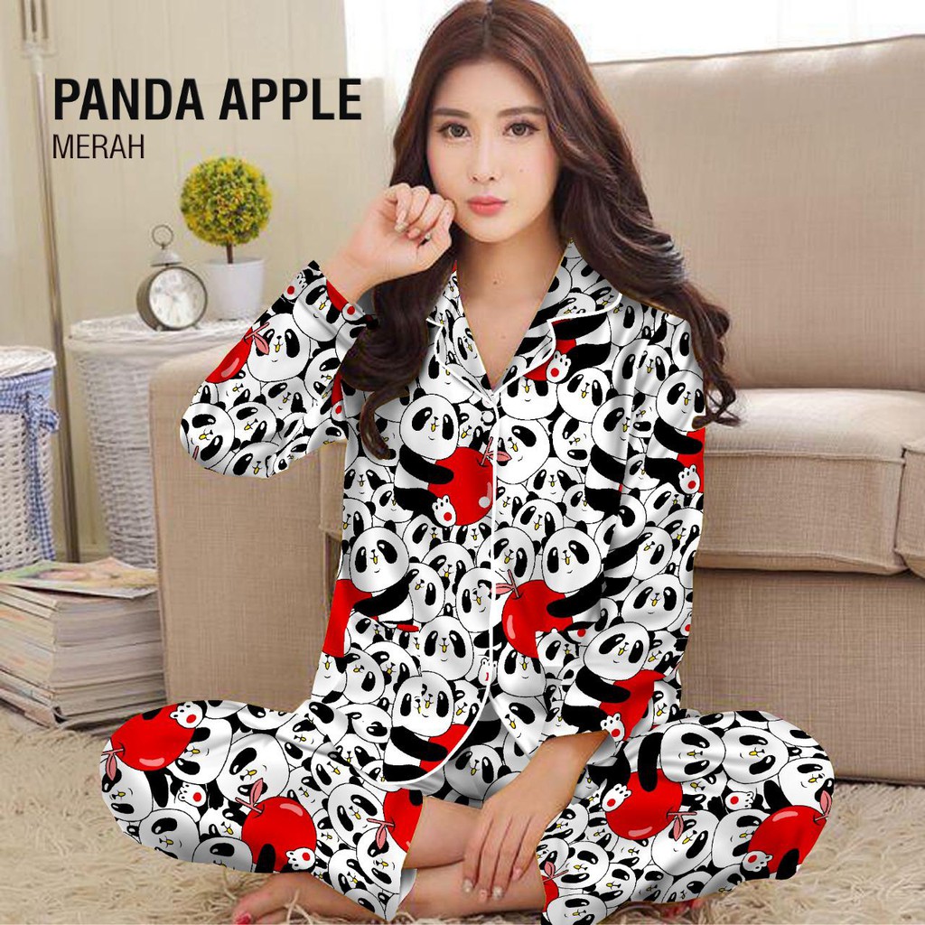 JNV Piyama PP Wanita Motif Karakter Kartun 01 - Baju Tidur Lengan Panjang - Bahan Katun-Panda Apple Merah