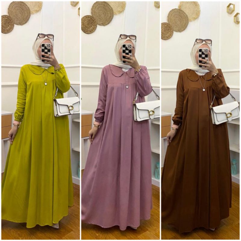 BISA COD FELICIA DRESS GAMIS REMPEL POLOS MAXI DRESS RUFFLE MIDI DRESS KATUN RAYON KAHATEX KERAH BUS
