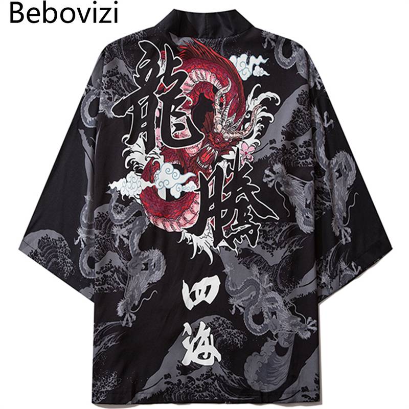 Bebovizi Dragon Print Yukata Cardigan Men Women Fashion Asian Harajuku Japanese Cosplay Kimono