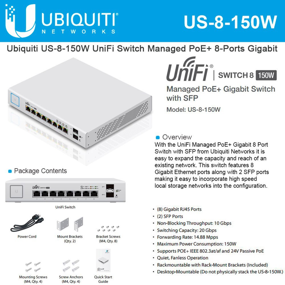 Ubiquiti US-8-150W Unifi Switch Managed PoE+ 8Port 150Watt