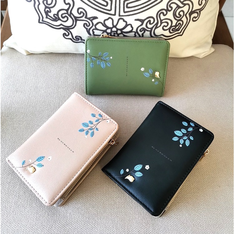 ( GS ) DOMPET WANITA / DOMPET LIPAT RESLETING WANITA MOTIF RANTING DAUN BIRU