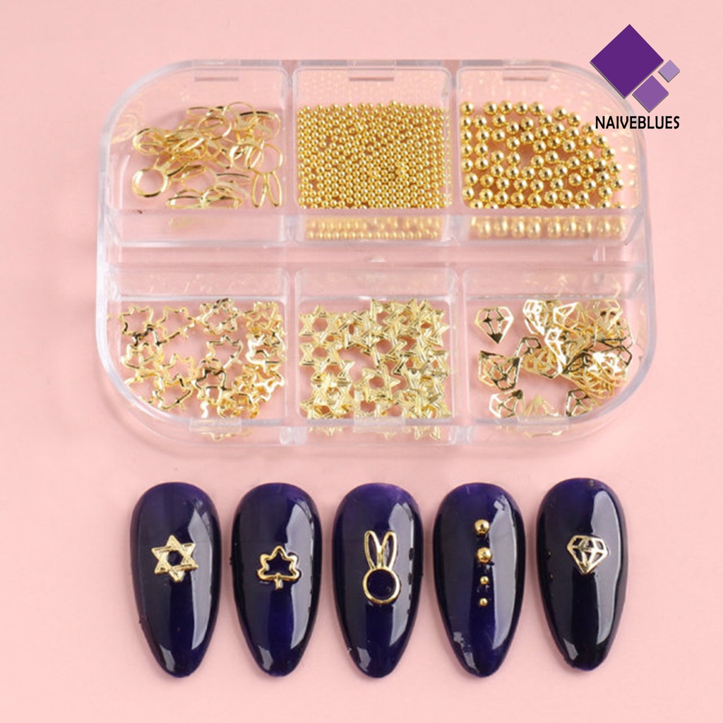 Naiveblue Charms Manik-Manik Baja Bentuk Bintang Hollow 3D Untuk Dekorasi Nail Art DIY