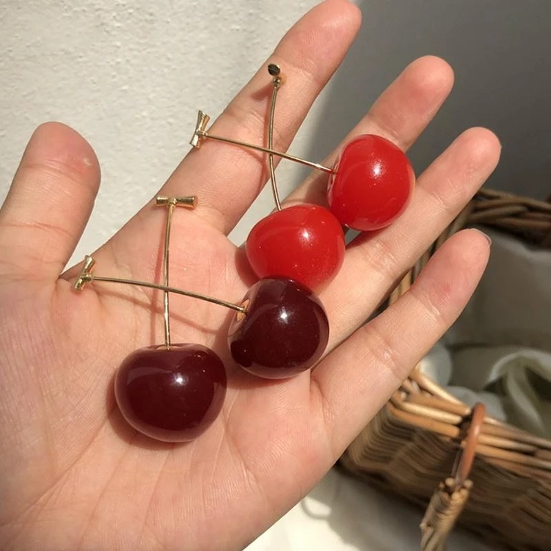 Anting Bentuk Buah Cherry Warna Merah Anggur Emas Gaya Korea Untuk Wanita