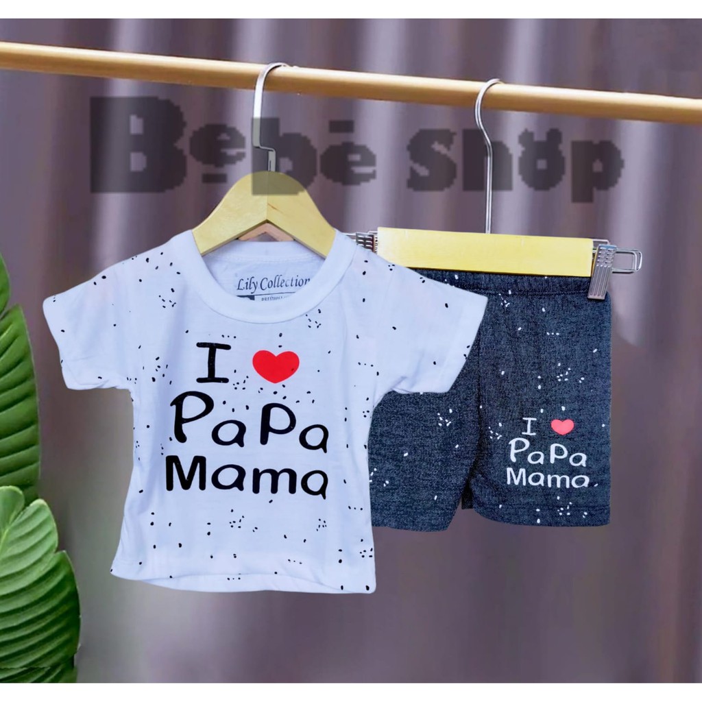 Setelan Baju Kaos Anak  l ove Mama Papa Usia 0 Sampai 2 Tahun