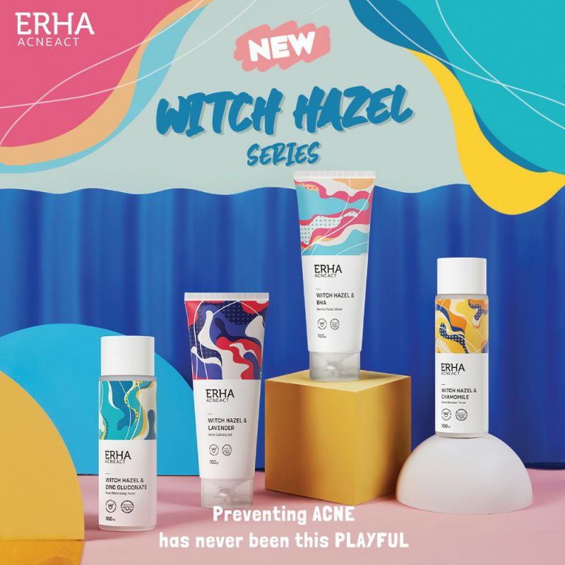 ERHA AcneAct Witch Hazel &amp; BHA Gentle Acne Facial Wash l Toner Zinc Gluconate l Chamomile 100mL l Calming Gel Pelembab 100g Sabun Wajah Jerawat