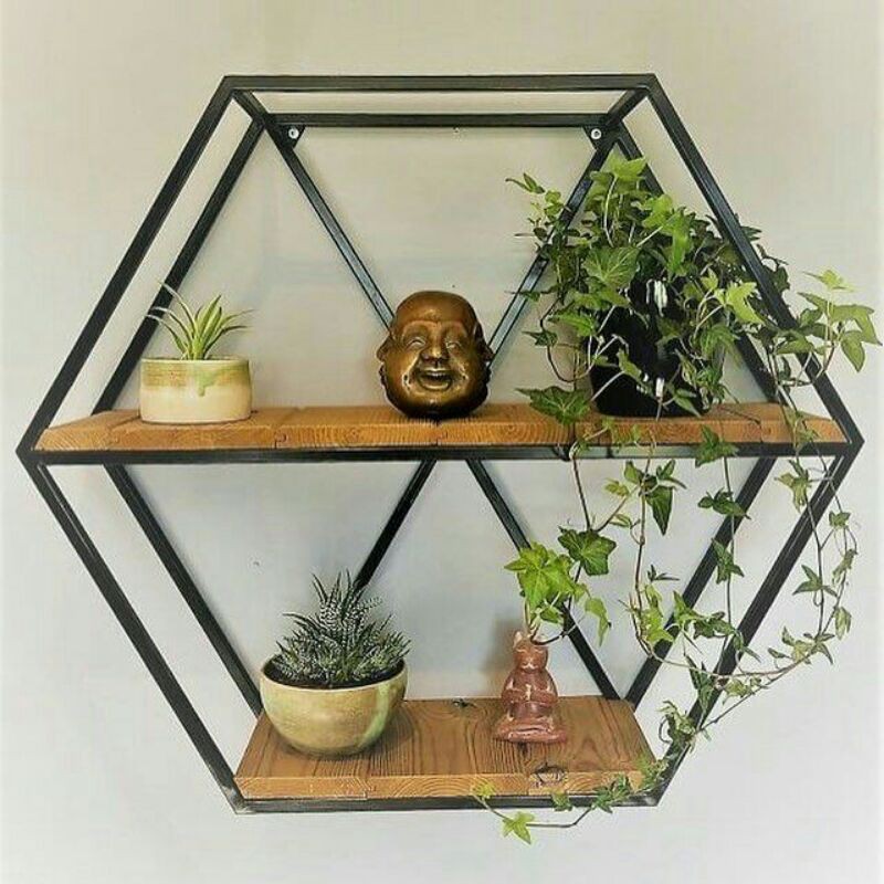 Rak pot bunga Dinding besi - Hiasan pot Dinding Hexagon besi kotak