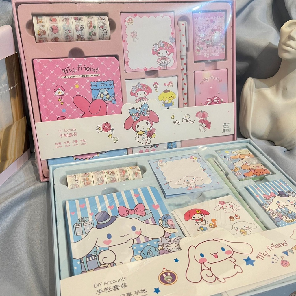 PAKET JURNAL 7 IN 1 MELODY CINNAMOROLL FREE BOX SUPER CUTE TERLENGKAP PAKET JOURNALING KARAKTER PEREMPUAN IMUT KOMPLIT SOUVENIR UNIK BISA GROSIR DAN COD