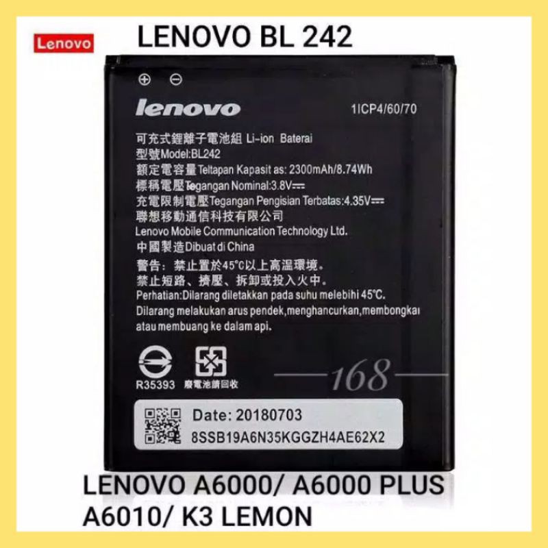Baterai Battery Lenovo A6000 A6010 A6600 A6020 A2020 K5 PLUS K3 K3T BL242 BL-242 BL 242 ORI 100%