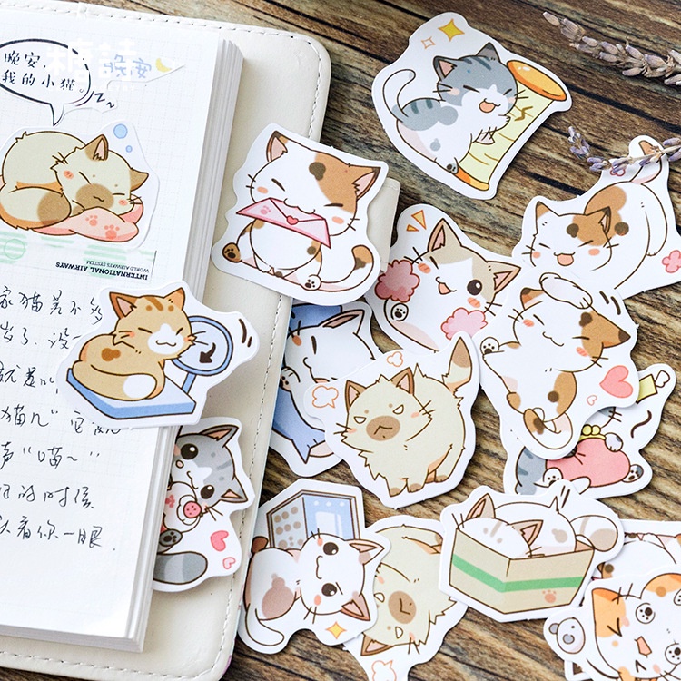 46 Pcs Japanese Cartoon Cat Seal Sticker Diary Notebook Decoration Sticker Set