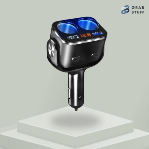 Car Charger 2 USB Port QC3 + 2 Cigarette Plug LCD Display / Car Charger Mobil Car Charger 2 Port Usb Car Charger / Colokan Casan Mobil Colokan Charger Mobil Fast Charging / Charger Led Display Charger Mobil Murah Aman Charger Car 2 USB Port 2 Lcd  Display