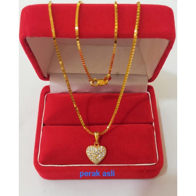 Kalung Itali + Liontin Love cor mata2, Perak 925, Sepuh Emas Kuning